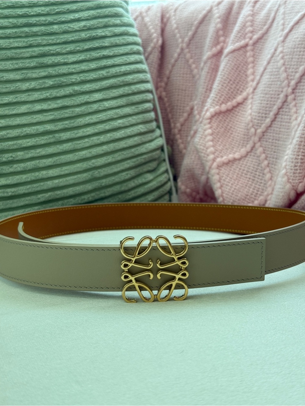 Loewe Taupe Leather Anagram Buckle Belt with Gold Hardware